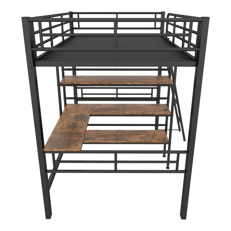 Lit mezzanine avec bureau, étagères, garde-corps et échelle en métal, 90×200 cm, sans matelas, Noir