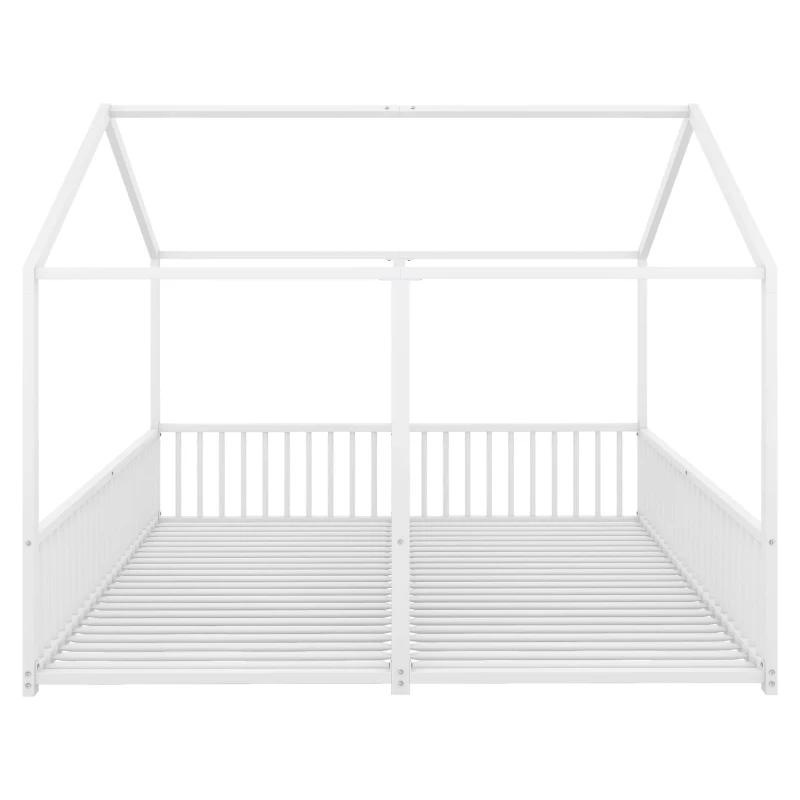 Letto per bambini 4+ anni in metallo 90×200 cm, forma di casa, con sponda di sicurezza, senza materasso, Bianco