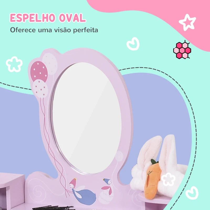 HOMCOM Toucador Infantil com Banco e Espelho Mesa de Maquilhagem Infantil Estilo Princesa de Madeira 59x39x92cm Rosa