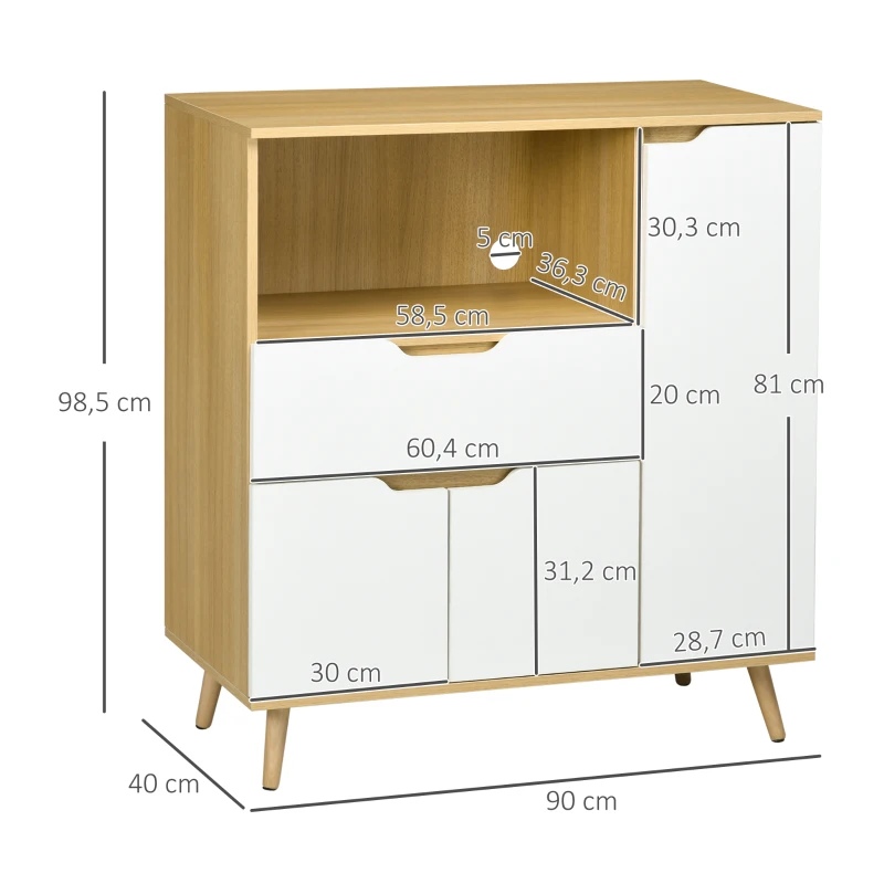 HOMCOM Meuble de rangement cuisine pour micro-ondes, 1 tiroir, 2 placards une étagère, 90 x 40 x 98,5 cm, bois et blanc