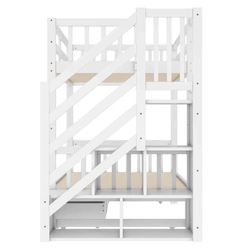 Lit superposé 90x200 cm avec lit gigogne, marches de rangement et deux tiroirs, sans matelas, Blanc(m-6)