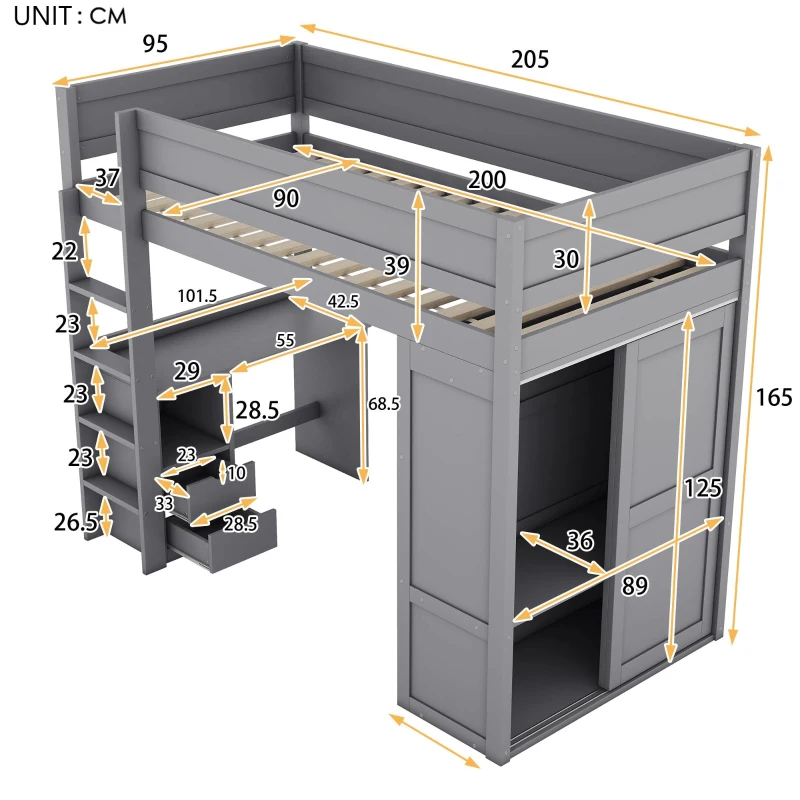 Lit mezzanine 90x200 cm pour enfants, avec armoire, bureau et tiroirs, sans matelas, Gris(m-3)