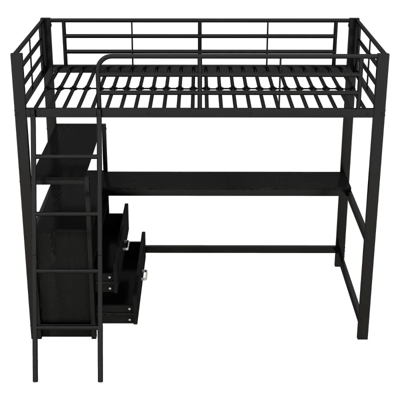 Letto a soppalco con struttura in ferro 90×200 cm, con scrivania a forma di L e cassetti, senza materasso, Nero