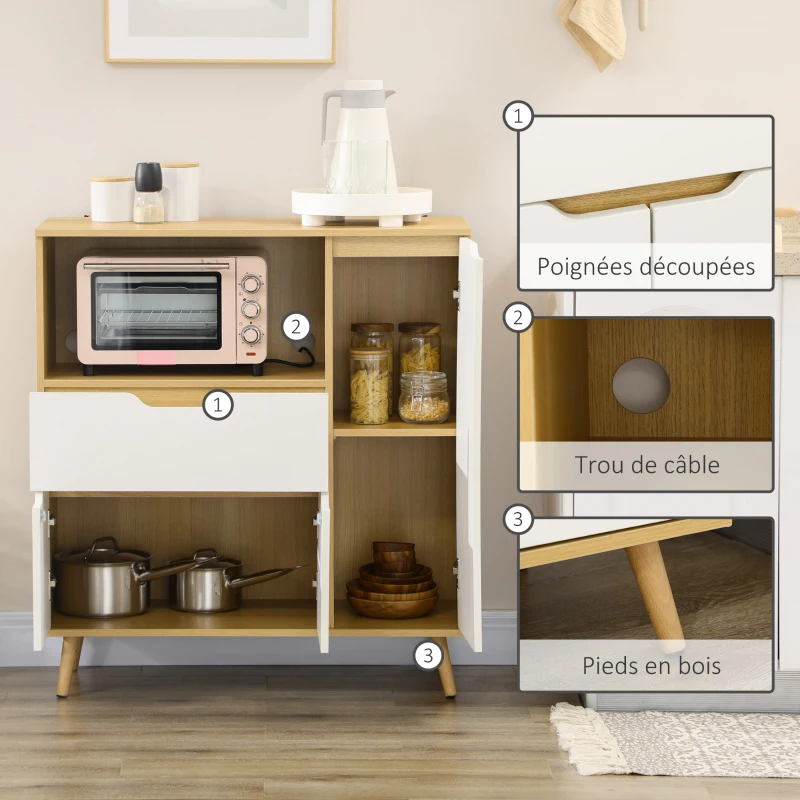 HOMCOM Meuble de rangement cuisine pour micro-ondes, 1 tiroir, 2 placards une étagère, 90 x 40 x 98,5 cm, bois et blanc