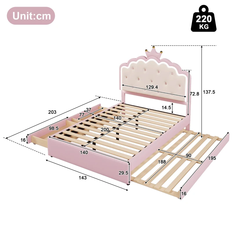Letto imbottito 140x200 cm con rete a doghe, letto estraibile e 2 cassetti, senza materasso, Rosa