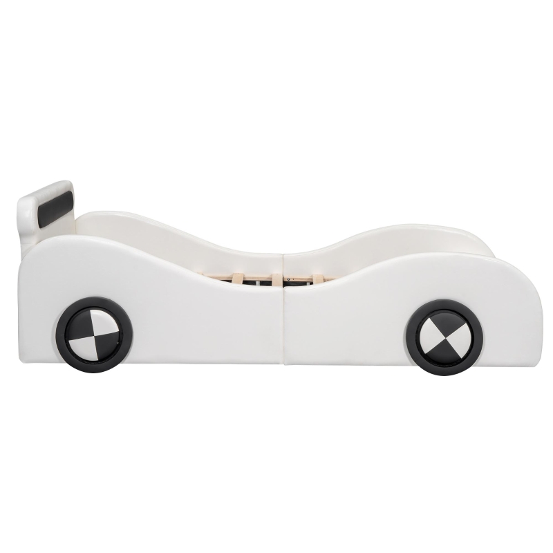 Lit rembourré design voiture 90x200 cm, lit pour enfants avec roues lumineuses et espace de rangement, sans matelas, Blanc