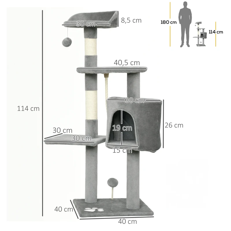 PawHut Arbre à chats multi-équipements griffoirs grattoirs plateformes niche corde jouets 40 x 40 x 114 cm gris