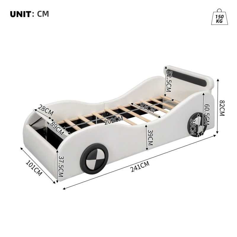 Lit rembourré design voiture 90x200 cm, lit pour enfants avec roues lumineuses et espace de rangement, sans matelas, Blanc