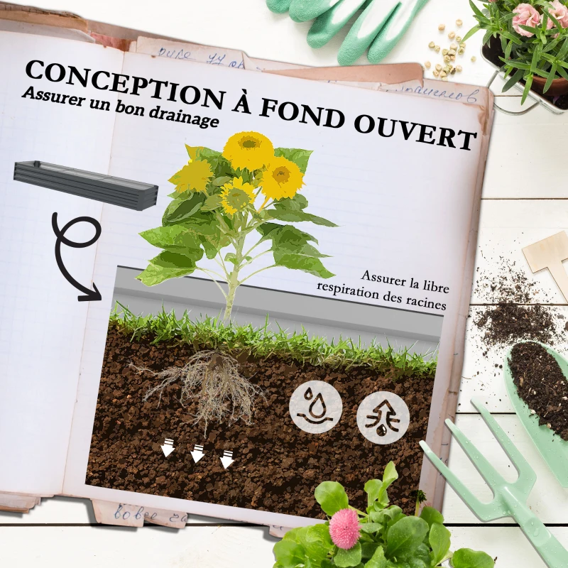 Outsunny Carré potager rectangulaire, lit de jardin surélevé en acier galvanisé, fond ouvert, 240 x 60 x 30 cm, gris foncé