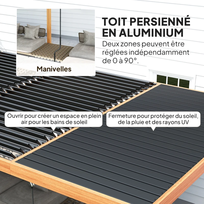Outsunny Pergola 3 x 6 m  pergola d'extérieur tonnelle avec persiennes manivelle toit réglable en aluminium crochets bois naturel