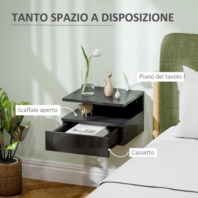 HOMCOM Comodino Sospeso per Camera da Letto con Cassetto e Ripiano Aperto in Legno, 35x32x22.5 cm, Nero Lucido