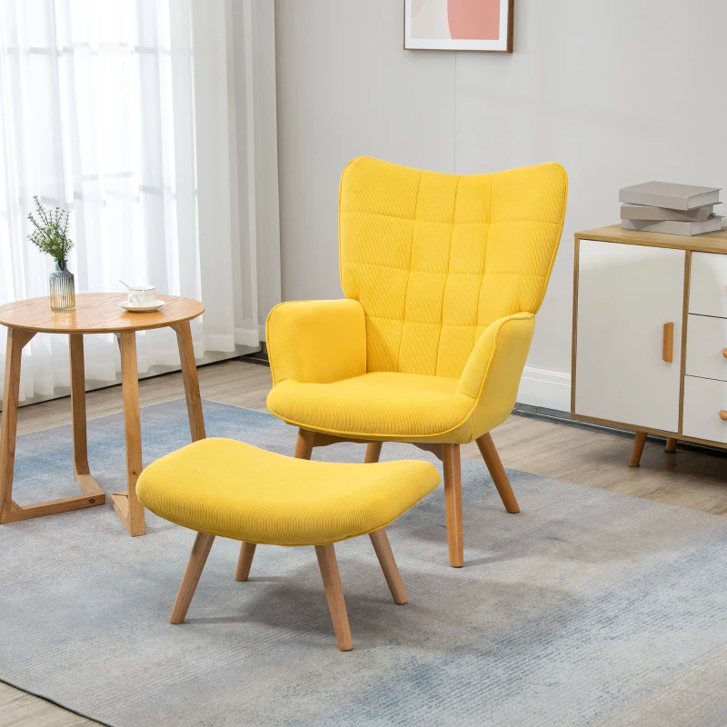 HOMCOM Fauteuil scandi accent met voetenbank, fauteuilset, beukenhout, corduroy-look, geel