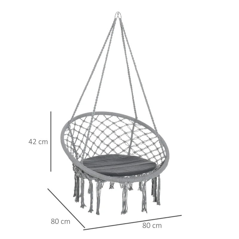 Outsunny Cadeira suspensa redonda Ø60 cm Cadeira de rede de balanço com almofada e corda de algodão para interior e exterior 80x80x42 cm Cinza