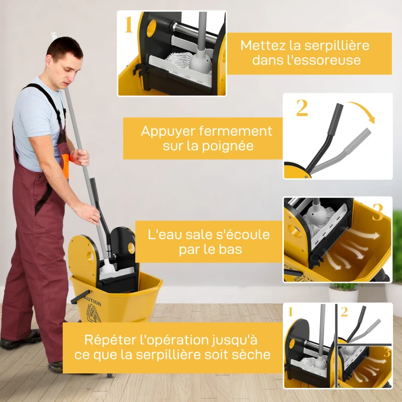 HOMCOM Chariot de ménage avec essoreuse à pression seau 26 L, poignée et serpillère, 45 x 31 x 90 cm, jaune
