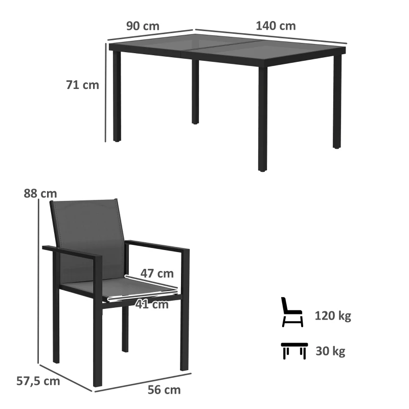 Outsunny Table de jardin extérieure avec 4 chaises empilables, plateau en verre trempé 140 cm, noir