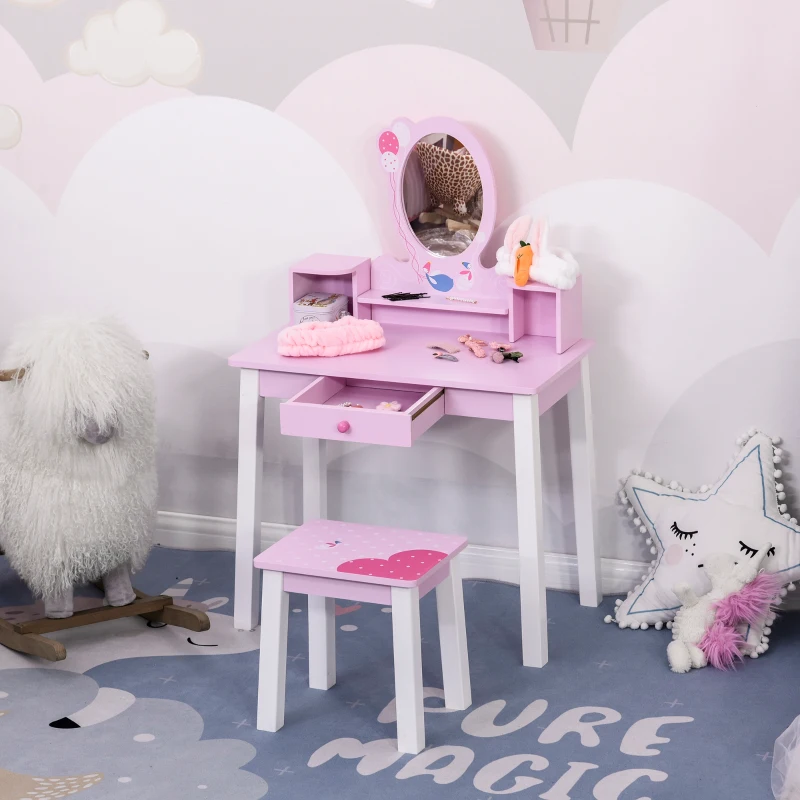 HOMCOM Toucador Infantil com Banco e Espelho Mesa de Maquilhagem Infantil Estilo Princesa de Madeira 59x39x92cm Rosa