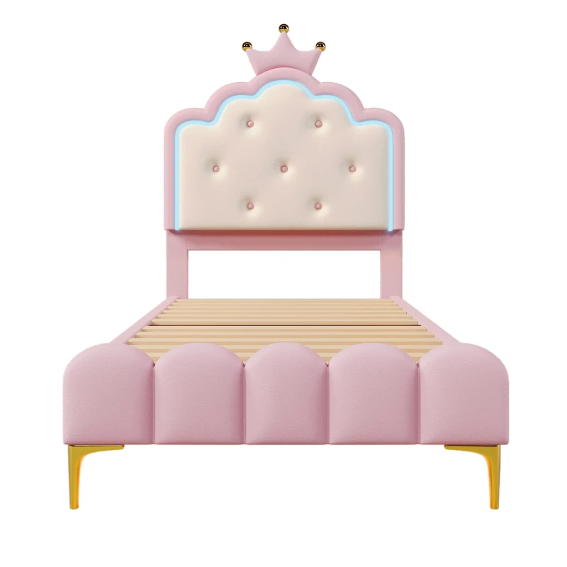 Letto imbottito 90x200 cm con rete a doghe, tema principessa, senza materasso, Rosa