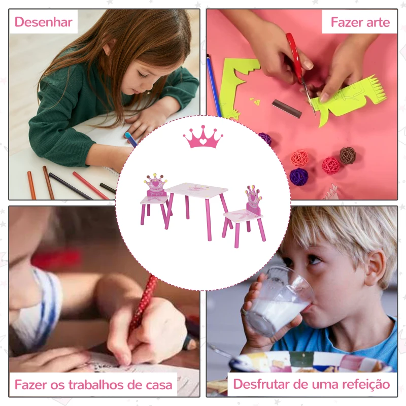 HOMCOM Conjunto de Mesa e 2 Cadeiras Infantis de madeira para crianças acima de 2 anos Set de Mesa 55x34x42cm e Cadeiras 28x26x50cm Rosa