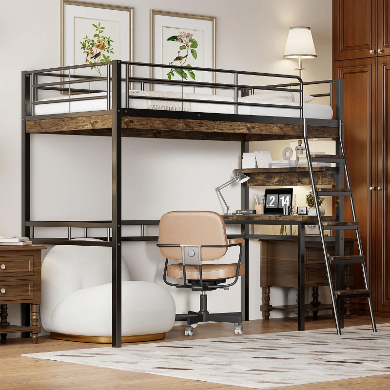 Letto a soppalco 90×200 cm, con scrivania e scaffali, senza materasso, Nero