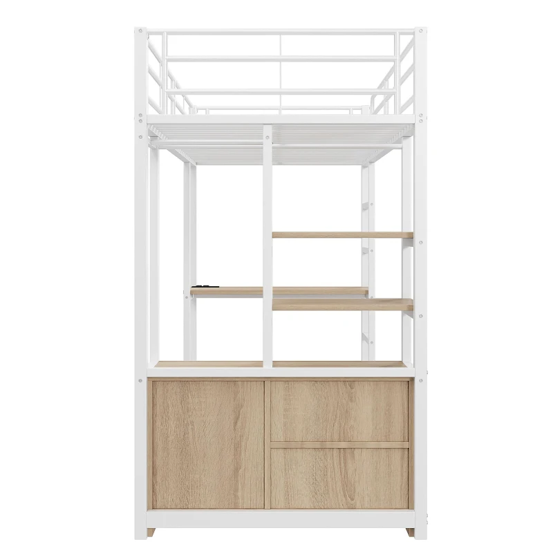 Lit mezzanine avec bureau 90×200 cm, armoire de rangement ouverte, avec garde-corps & échelle, sans matelas, Blanc