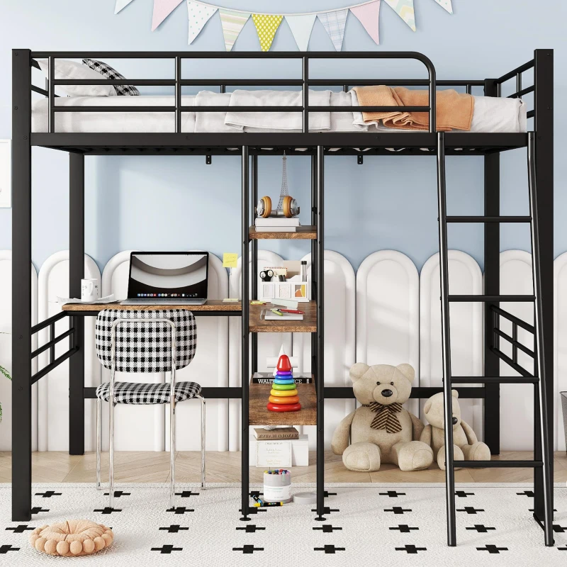 Lit mezzanine avec bureau, étagères, garde-corps et échelle en métal, 90×200 cm, sans matelas, Noir