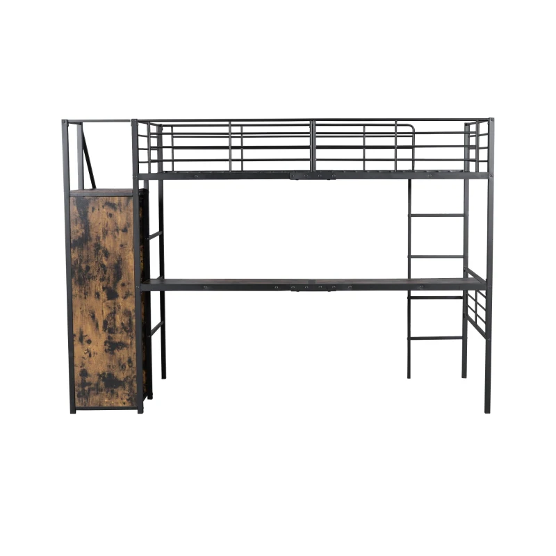 Letto a soppalco 90×200 cm, con scrivania e armadio aperto, senza materasso, Nero