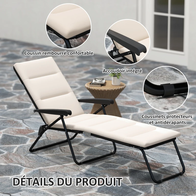 Outsunny Bain de soleil pliable transat inclinable 6 positions avec matelas + accoudoirs acier polyester 153 x 58,5 x 89 cm crème