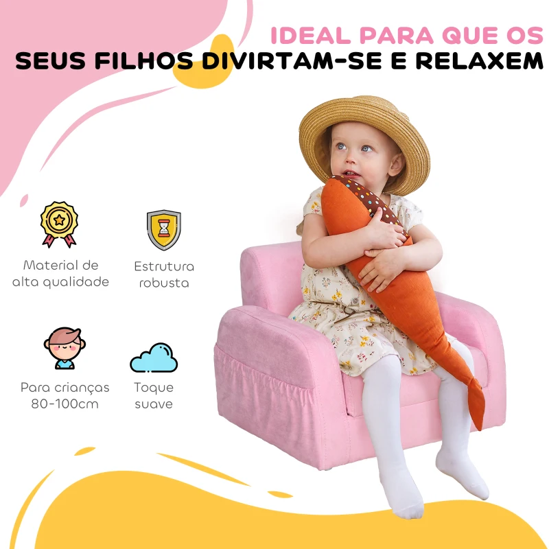 HOMCOM Poltrona Infantil Poltrona 2 em 1 para Crianças Dobrável em 2 Posições com Apoio de Braços e Assento Acolchoado 47x45x38cm Rosa