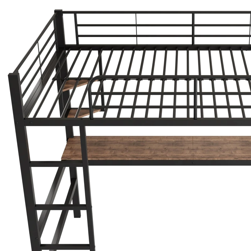 Lit mezzanine en métal 90x200 cm avec bureau et étagères, pour enfants et adultes, sans matelas, Noir