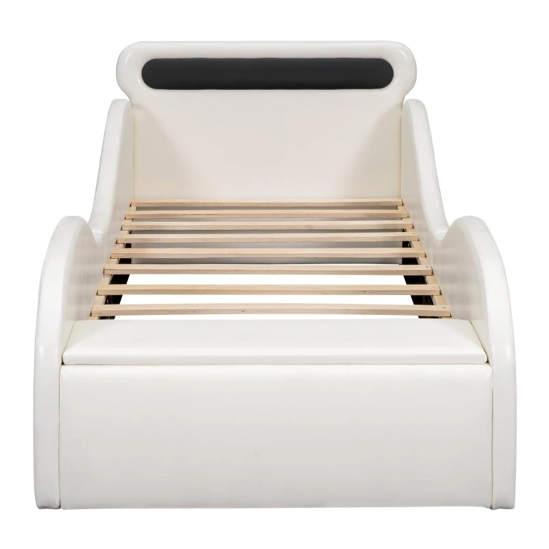 Lit rembourré design voiture 90x200 cm, lit pour enfants avec roues lumineuses et espace de rangement, sans matelas, Blanc