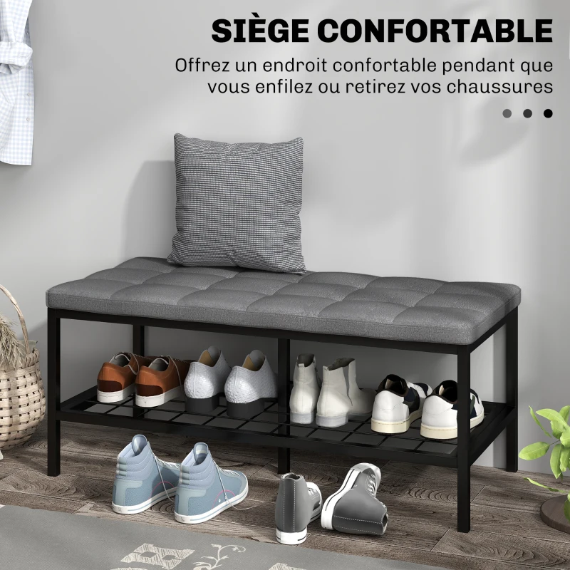 HOMCOM Banc à chaussures avec coussin rembourré et étagère de rangement, banc d'entrée pour couloir, chambre, 90x41x40cm, gris