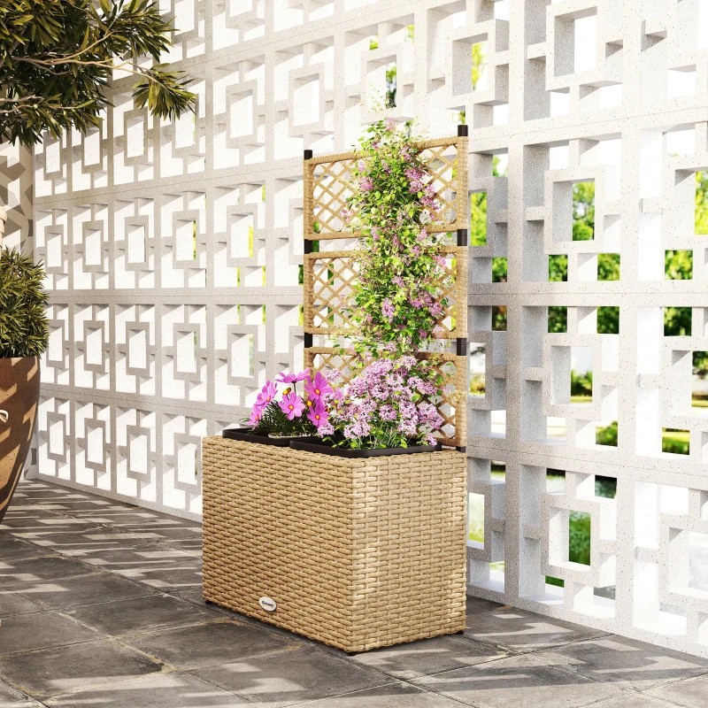 Outsunny Jardinière pour plantes avec treillis 3 bacs à plante 22L en résine tressée et acier 57 x 30 x 107 cm sable