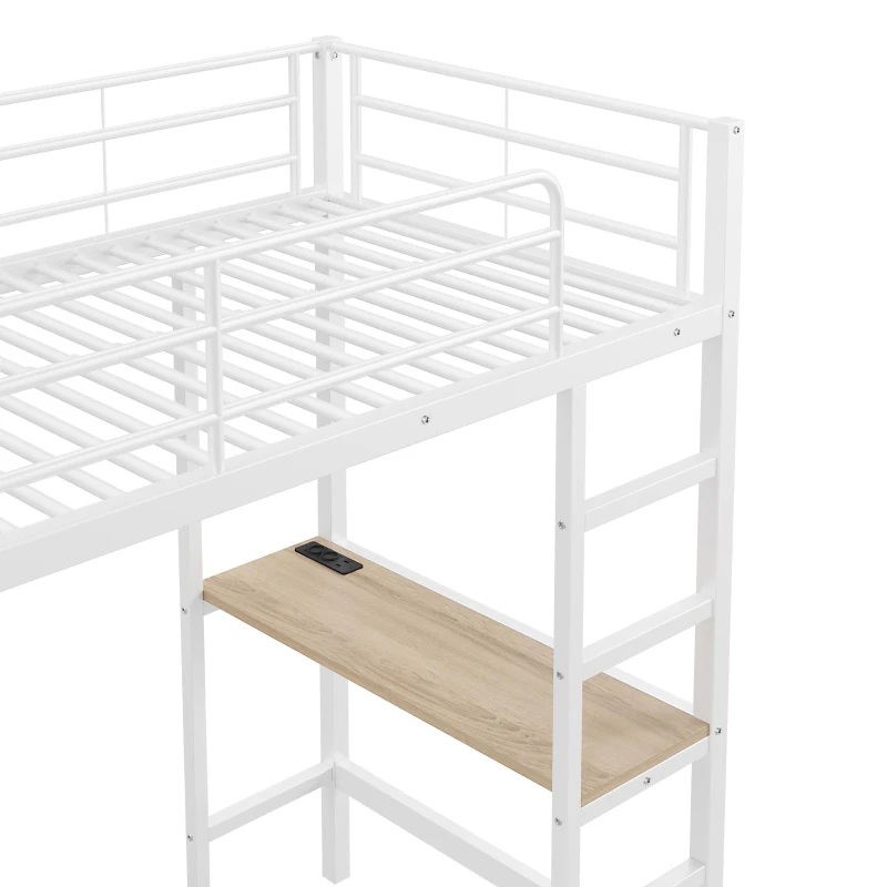 Lit mezzanine avec bureau 90×200 cm, armoire de rangement ouverte, avec garde-corps & échelle, sans matelas, Blanc