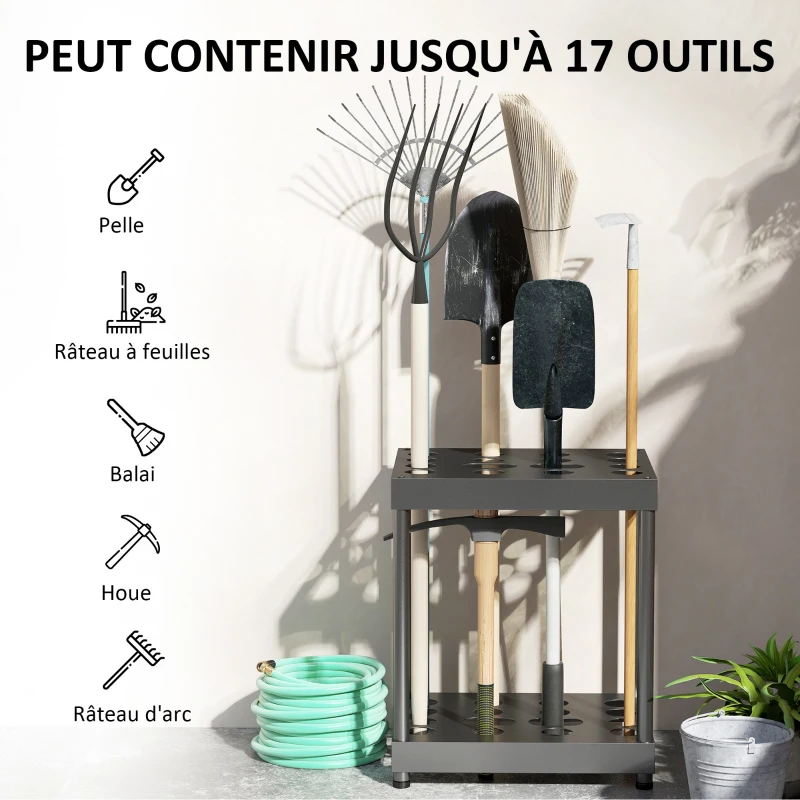 Outsunny Organisateur d'outils de jardin, support à outils de jardin 16 compartiments à 2 niveaux 42 x 33 x 50 cm noir