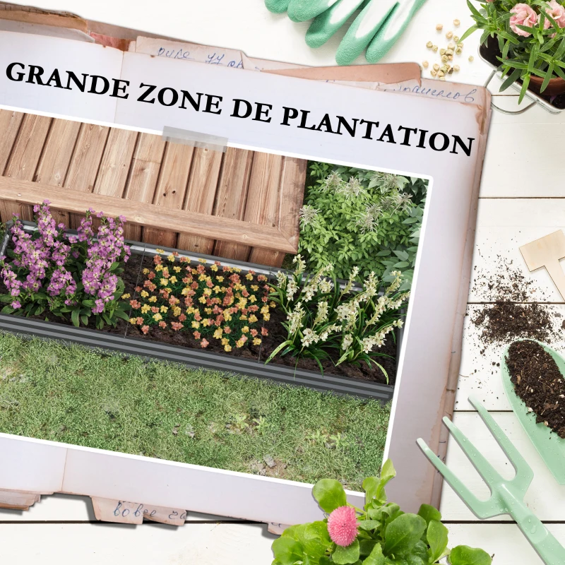 Outsunny Carré potager rectangulaire, lit de jardin surélevé en acier galvanisé, fond ouvert, 240 x 60 x 30 cm, gris foncé