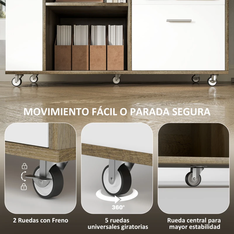 HOMCOM Mueble Archivador con Ruedas 3 Cajones Estación de Carga Cerradura y Estantes 100x40x65,5 cm Marrón Grisáceo