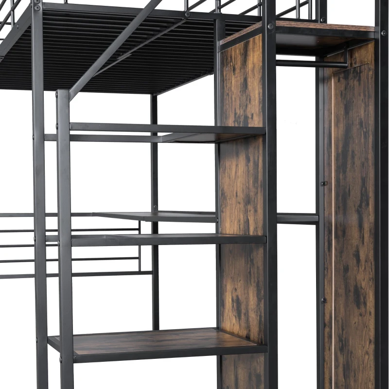 Letto a soppalco 90×200 cm, con scrivania e armadio aperto, senza materasso, Nero