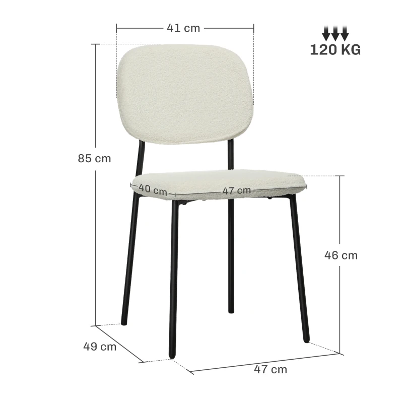 HOMCOM Set van 4 Eetkamerstoelen in Zachte Stof, Stalen Poten, Armloos Ontwerp, Wit