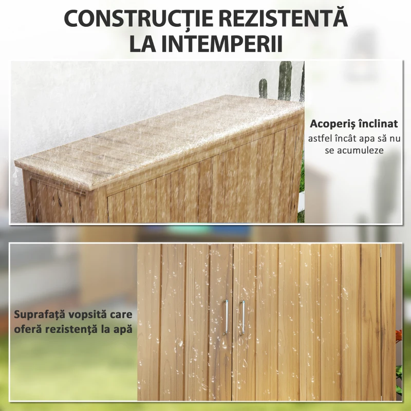 Outsunny Magazie pentru Unelte cu 2 Uși, 2 Rafturi și Acoperiș Înclinat, 110x50x85 cm, Maro