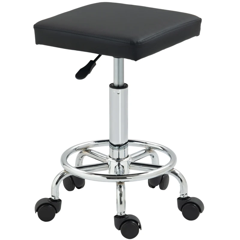 HOMCOM Tabouret à roulettes carré avec hauteur réglable 50-66 cm et repose-pieds, pour massage, tatouage, clinique, spa, noir