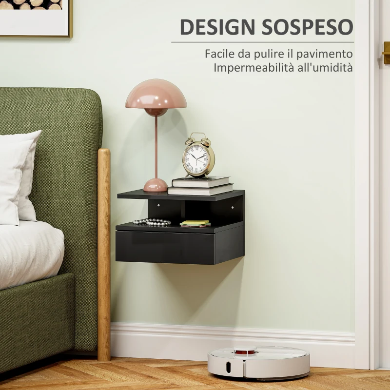 HOMCOM Comodino Sospeso per Camera da Letto con Cassetto e Ripiano Aperto in Legno, 35x32x22.5 cm, Nero Lucido