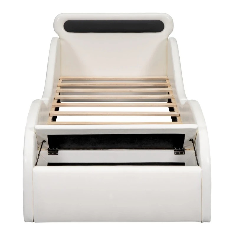 Lit rembourré design voiture 90x200 cm, lit pour enfants avec roues lumineuses et espace de rangement, sans matelas, Blanc