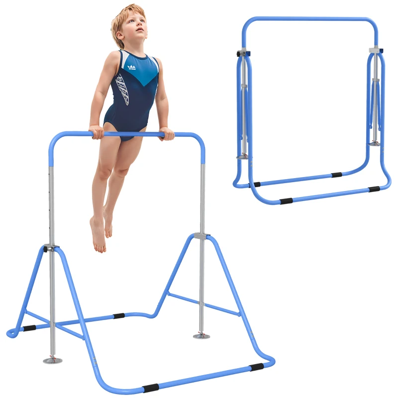 HOMCOM Kids Gymnastic Bar, Foldable Horizontal Bars w/ Adjustable Height, Training Bar w/ Triangle Base - Blue