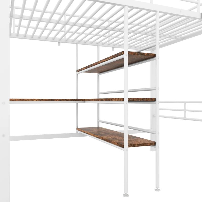 Struttura Letto a Soppalco con Scrivania, Mensola, Corrimano e Scaletta in Metallo, senza Materasso, 204x134x174 cm, Bianco