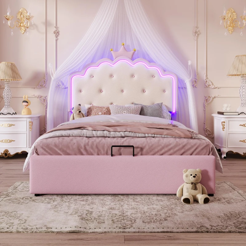 Lit rembourré 140 x 200 cm avec sommier à lattes, forme de couronne, espace de rangement hydraulique, sans matelas, Rose