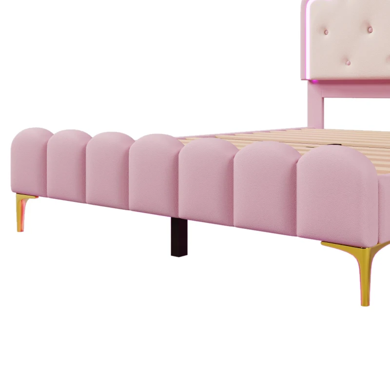 Lit rembourré 140x200 cm avec sommier à lattes, éclairage d'ambiance et forme de princesse, sans matelas, Rose