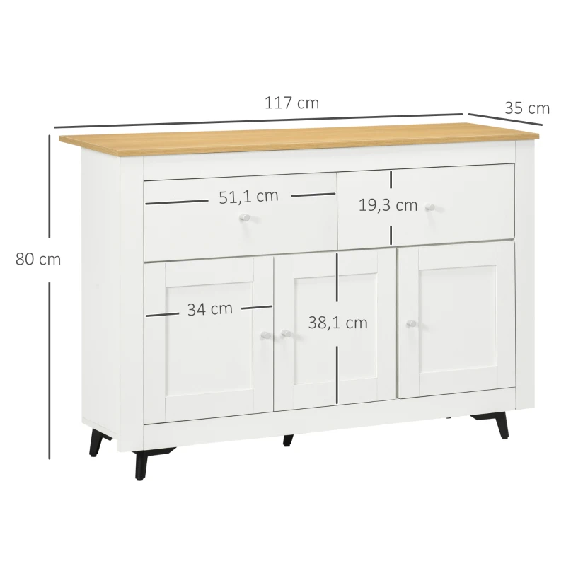 HOMCOM Buffet cuisine avec 2 tiroirs 3 portes et étagère réglable, pour cuisine, salle à manger, salon, 117 x 35 x 80 cm, blanc