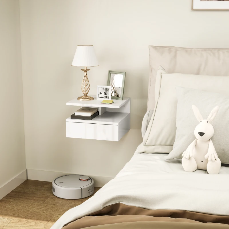 HOMCOM Comodino Sospeso per Camera da Letto con Cassetto e Ripiano Aperto in Legno, 35x32x22.5 cm, Bianco