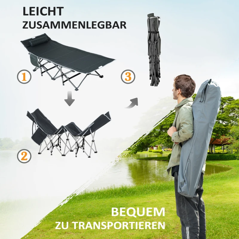 Outsunny Campingbett, klappbares Feldbett mit Kopfkissen, 188 x 64,5 x 53 cm, Grau