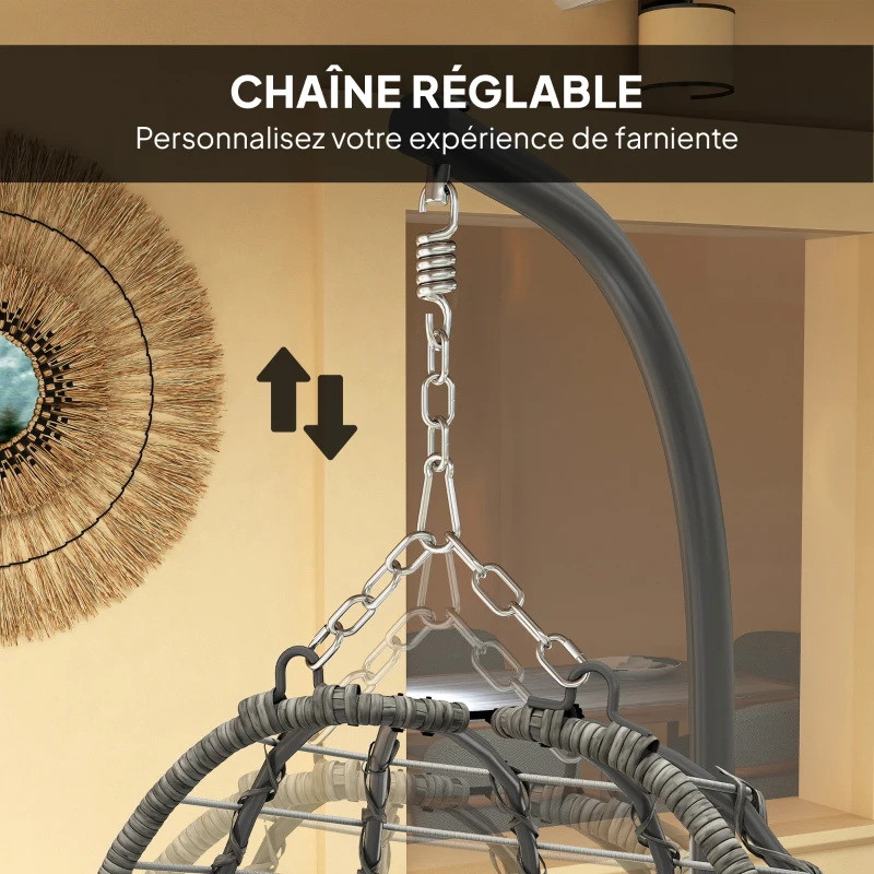 Outsunny Fauteuil suspendu pliable en résine tressée avec support, coussin et oreiller hauteur réglable, gris